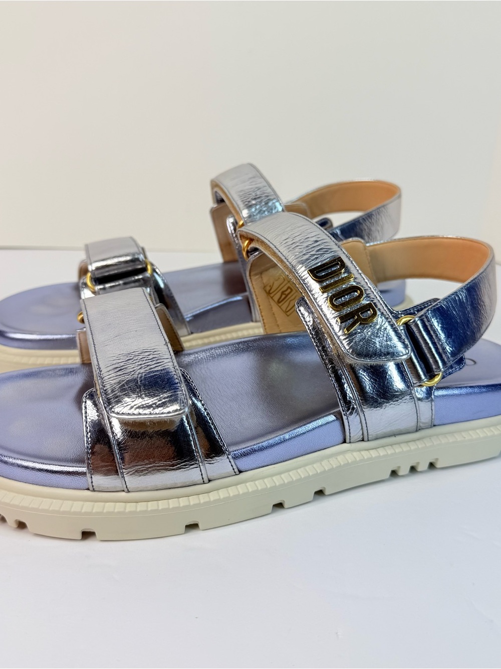 Dior Silver Metallic Leather Lug-Sole Slide Sandals